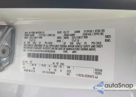 2017 Ford Escape Se from USA, damaged, VIN 1FMCU9GD9HUD92202